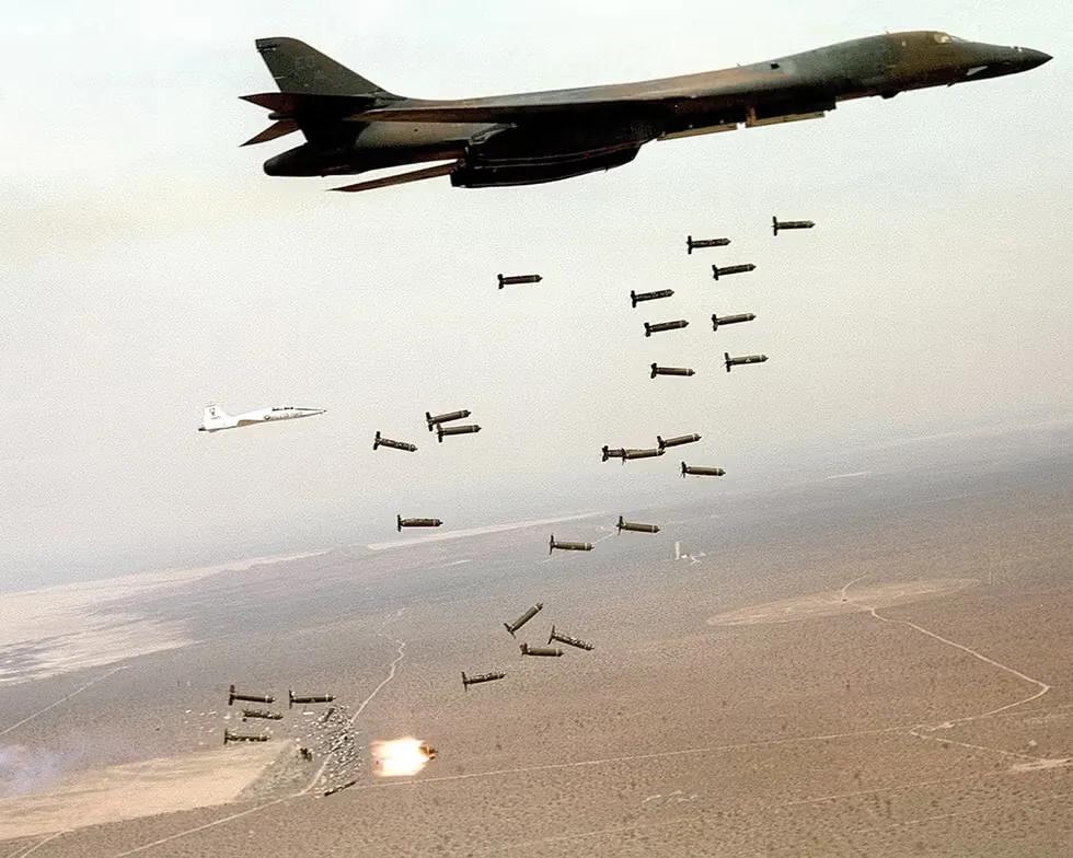 b 1b lancer drop cluster bomb B-1B Lancer unleashes a powerful payload of cluster munitions