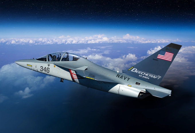 beechcraft m 346n aircraft Beechcraft M-346N trainer jet in flight.
