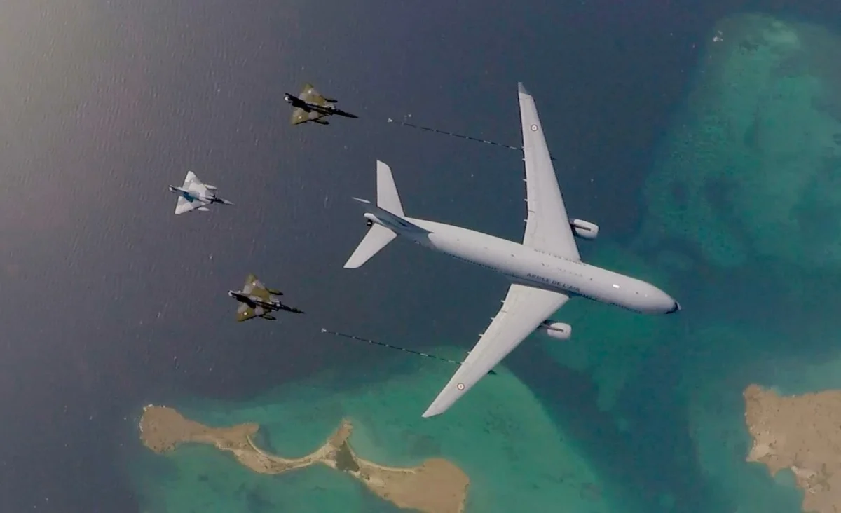 Mirage 2000D, Mirage 2000-5F, and A330 MRTT in flight formation over Djibouti.
