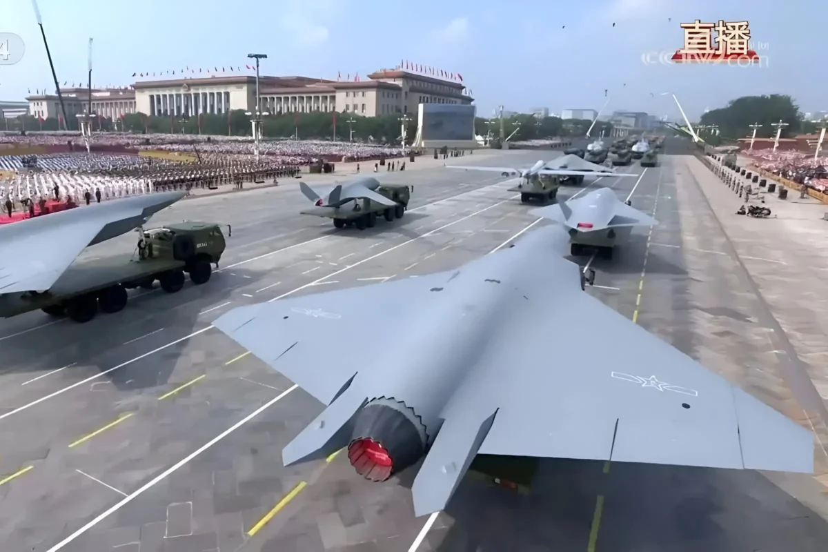 China Type B Stealth Drone Closeup 2025 New Chinese Type B Stealth Drone close-up with nose, intakes, and diamond-shaped wing design.