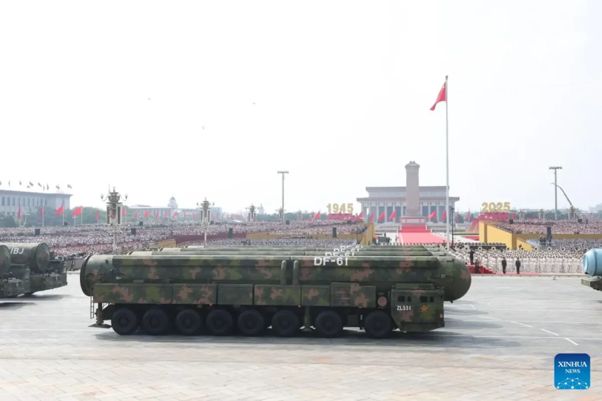 DF-61 ICBM formation passing Tiananmen Square at 2025 parade.