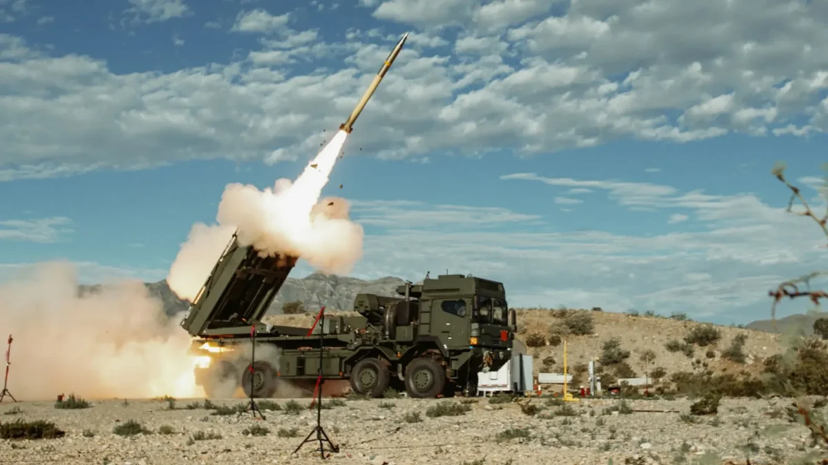 GMARS launcher firing a guided rocket during live-fire test, August 4, 2025