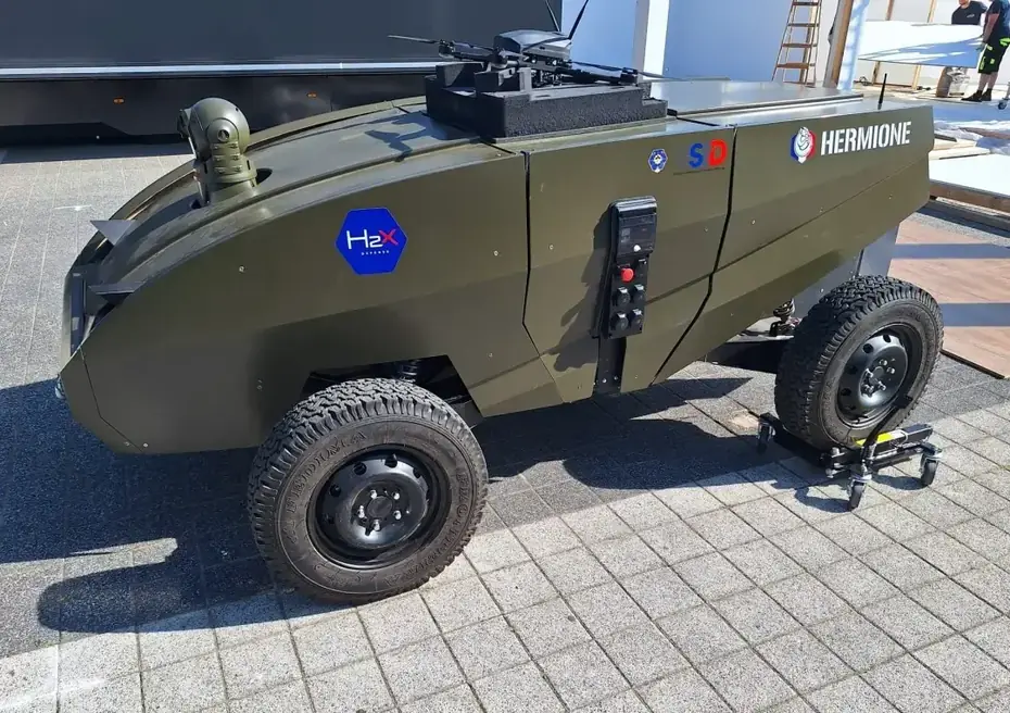 ermione unmanned ground vehicle on display at MSPO 2025, featuring modular design and UAV-carrying capability.
