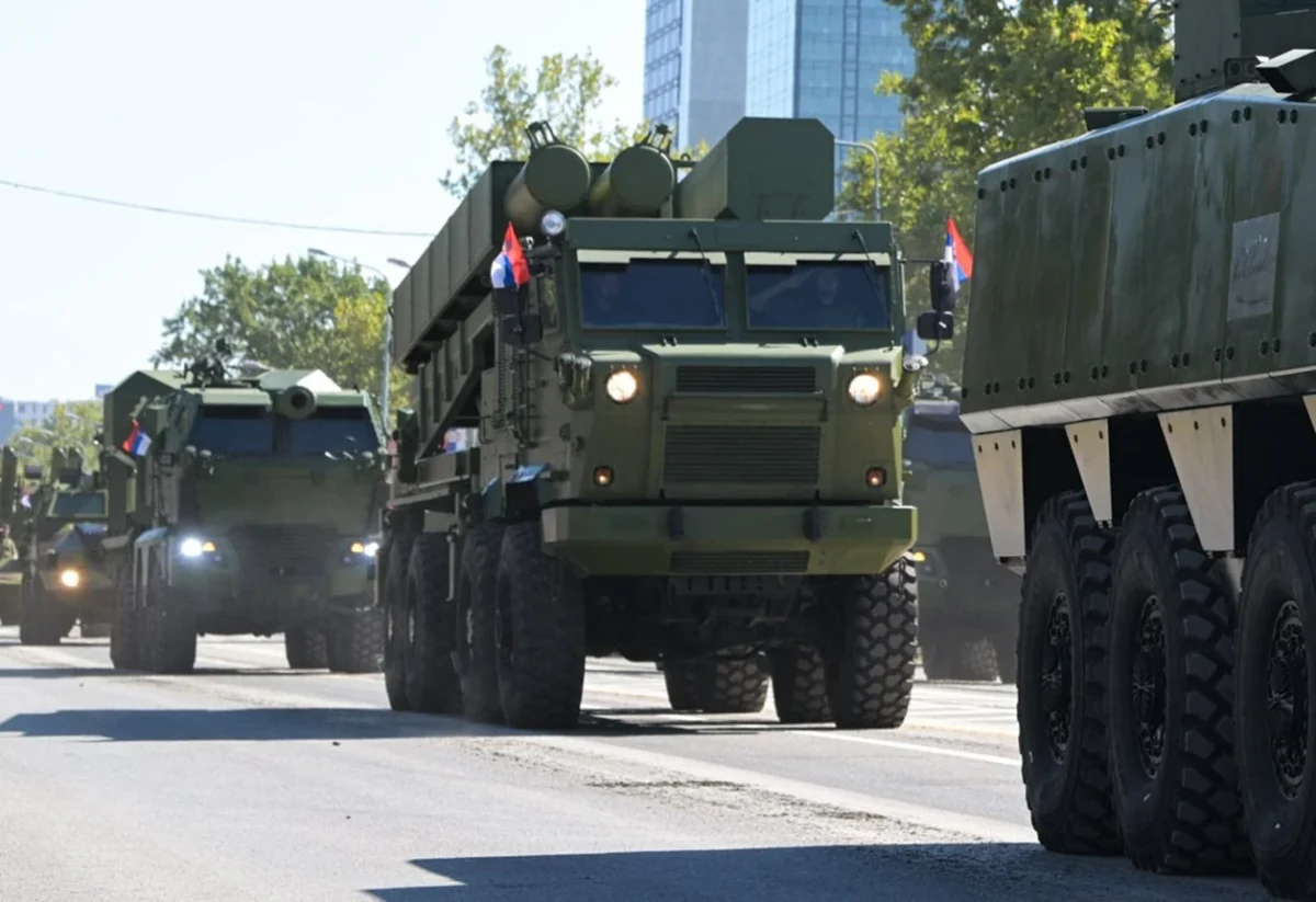 sumadija vila heavy rocket system front view Sumadija/Vila rocket launcher with modular containers at Serbian parade.