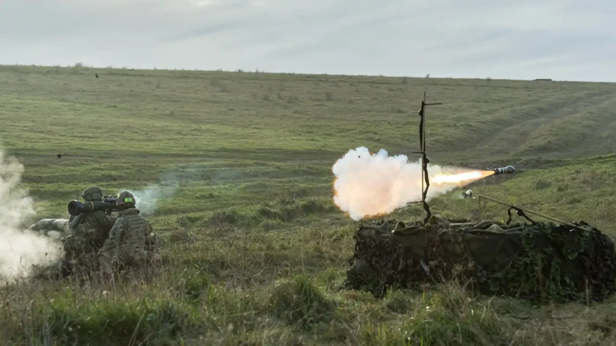 British soldiers firing an NLAW missile