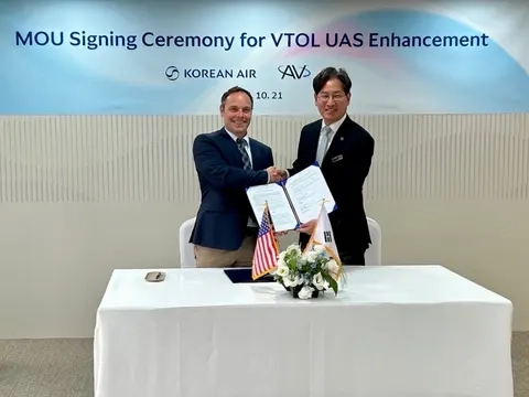 aerovironment korean air mou AeroVironment and Korean Air executives exchange documents at a memorandum of understanding ceremony for VTOL drone collaboration.