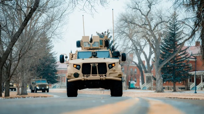 A U.S. Air Force Joint Light Tactical Vehicle (JLTV) takes part in a convoy response force demonstration in February 2025
