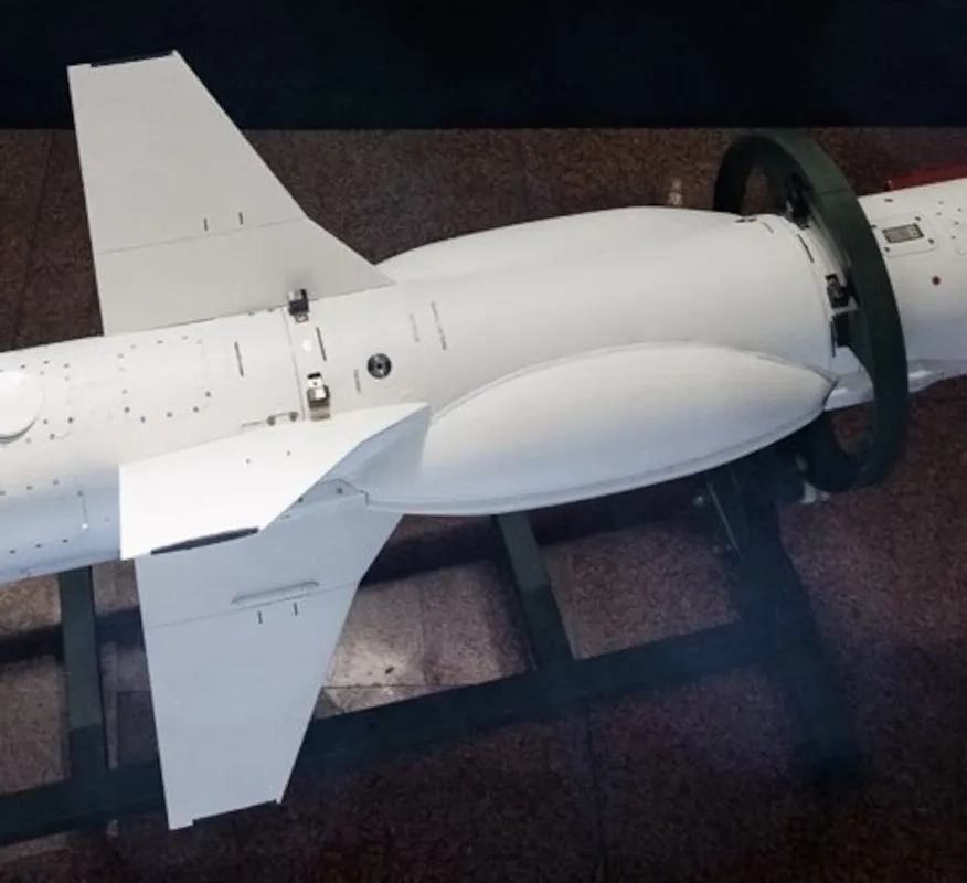 Close-up of the Bulky Neptune missile, showing its unique design