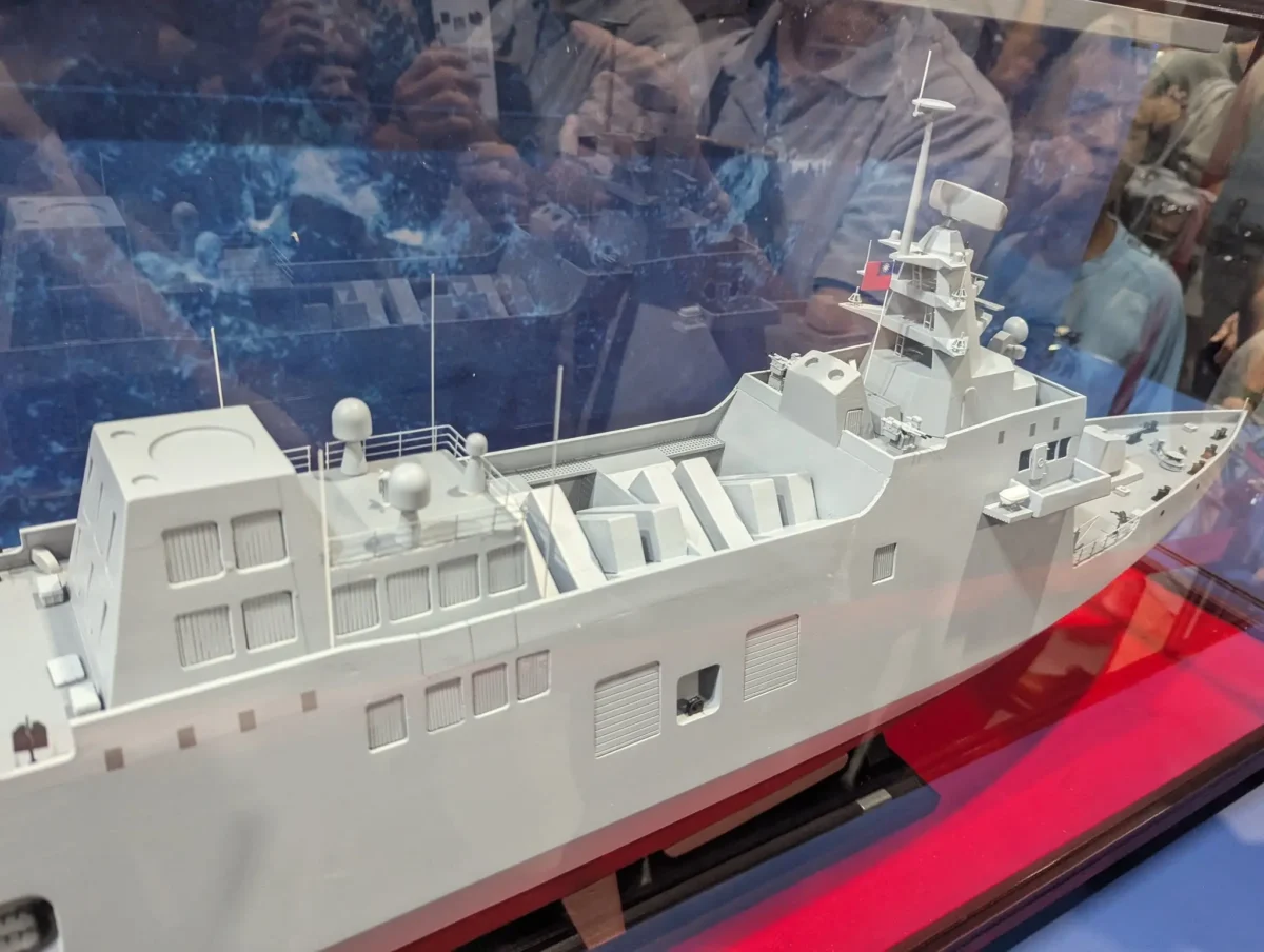 Taiwan light frigate model at TADTE 2025 for gray-zone defense.
