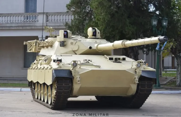 Argentine Army TAM 2C-A2 tank with upgraded turret and sensors during field testing.